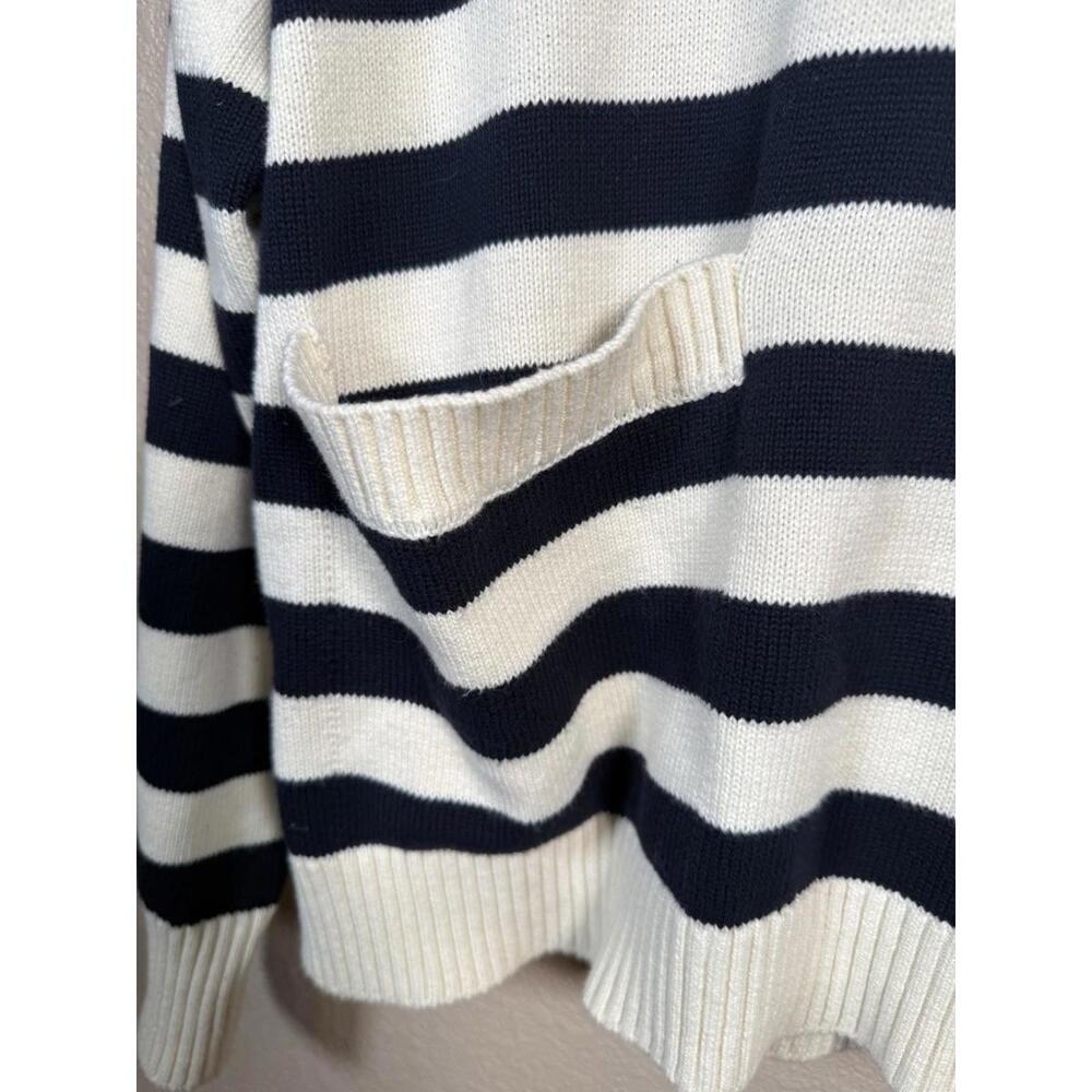 ZARA Women’s Sweater Large Striped Knit Hoodie Navy White Cotton Nautical Pocket - Picture 2 of 7